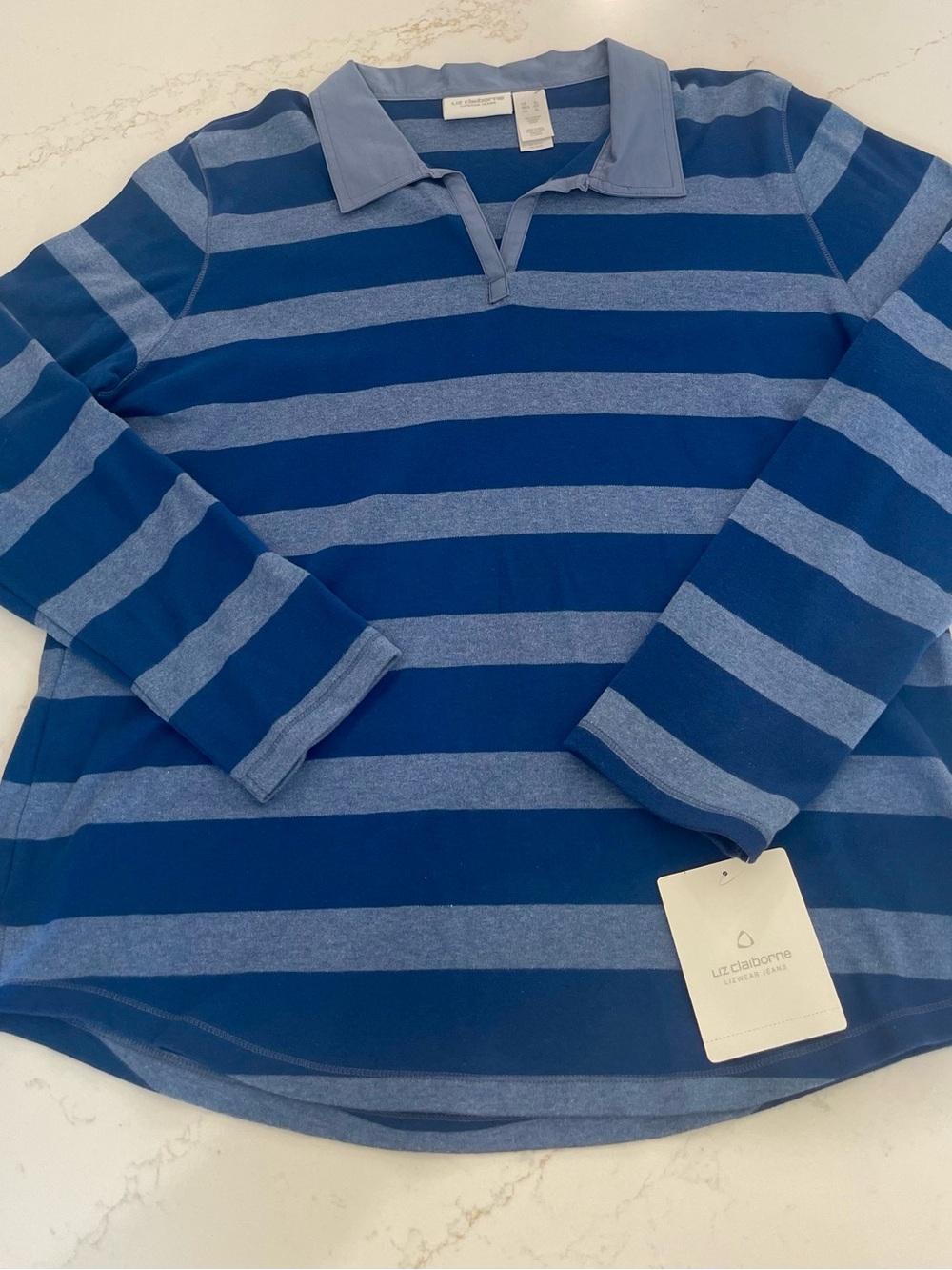 Liz Claiborne Women’s Navy and Light Blue Striped Polo Contrasting Collar